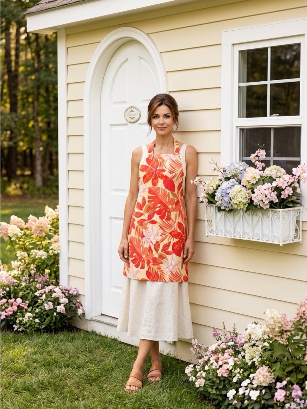2020 - NEW Tropical Sunset Floral Bib Apron – Orange & Coral Monstera